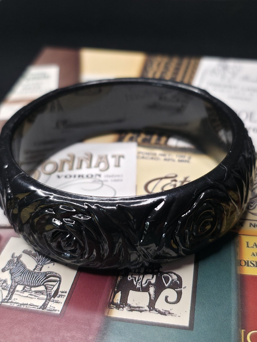 💫3x25 Vintage Black Carved Rose Bangle Bracelet Acrylic Goth Victorian